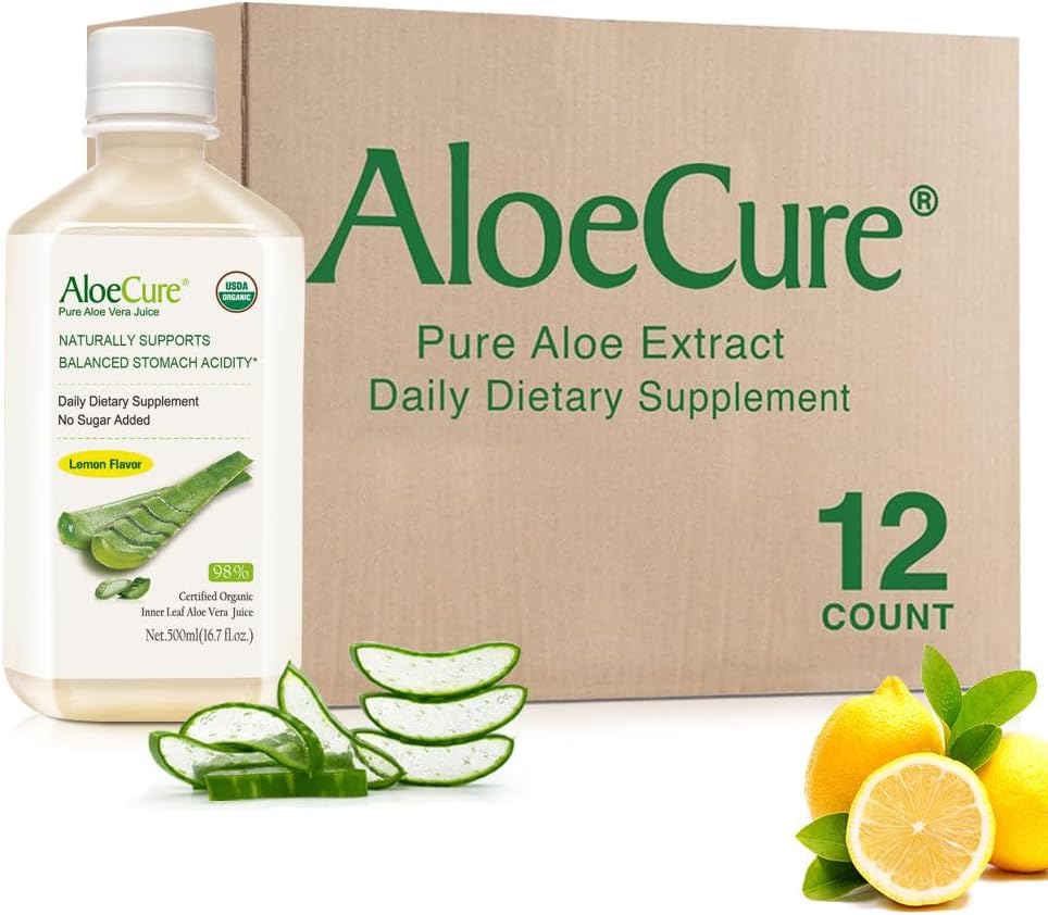 AloeCure USDA Organic Aloe Vera Juice Lemon Flavor - Made Within 12 Hours of Harvest - Natural Digestive Supplement for Balanced Stomach Acidity - Support Digestive and Immune Health, 12 Btls x 16.7oz