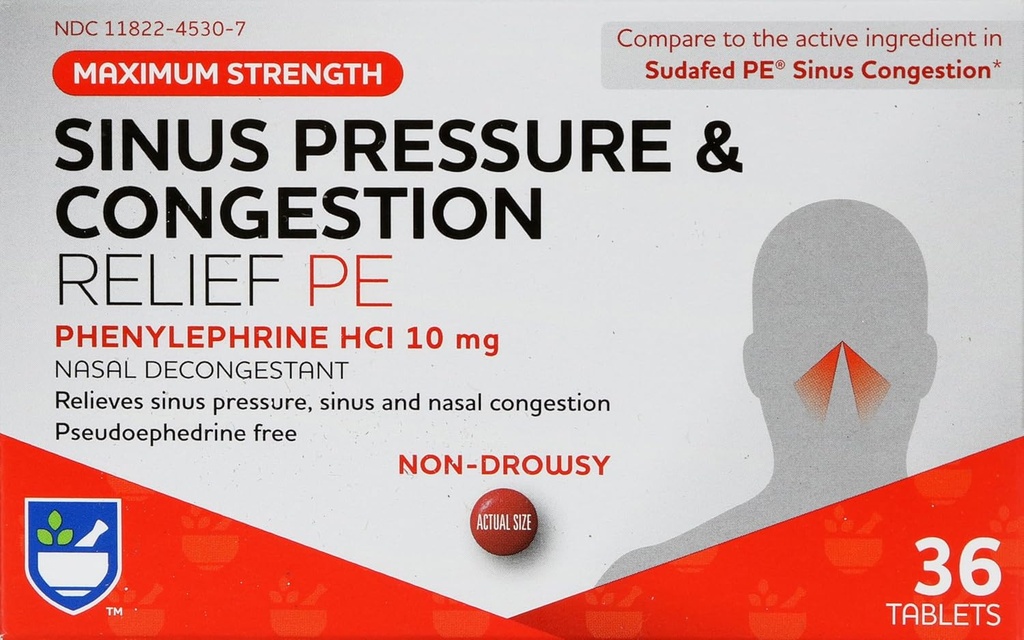 Rite Aid Sinus 压力和摄取不沉滞的救济PE, 10mg - 36片 Nasal Decongestant → Sinus Relief → 过敏药 → 不沉闷药 → 过敏药 → 沉闷药 → 沉闷药 → Sinus 压力救济 → Mucus Relief.