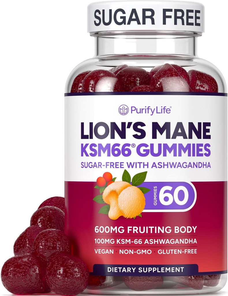 配有KSM-66的无糖狮子丸(Sugar Free Lions Mane)补充Gummys Ashwagandha - 认知,脑雾,精神清晰,焦点和应激支持的诺热带补充剂 - 天然贝里弗拉弗尔,维冈,美国制造