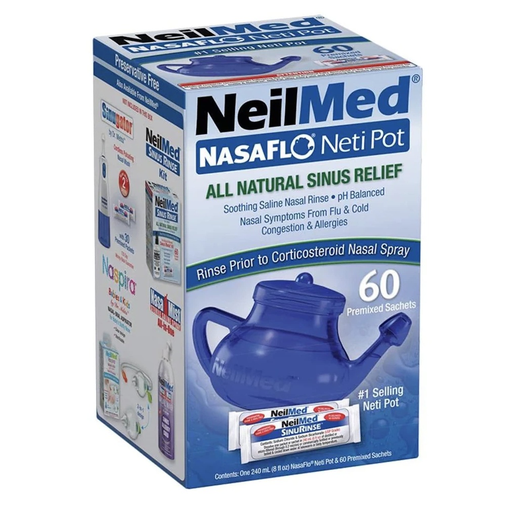 NeilMed NasaFlo 不可破 Neti Pot 带有 60 个预混合包