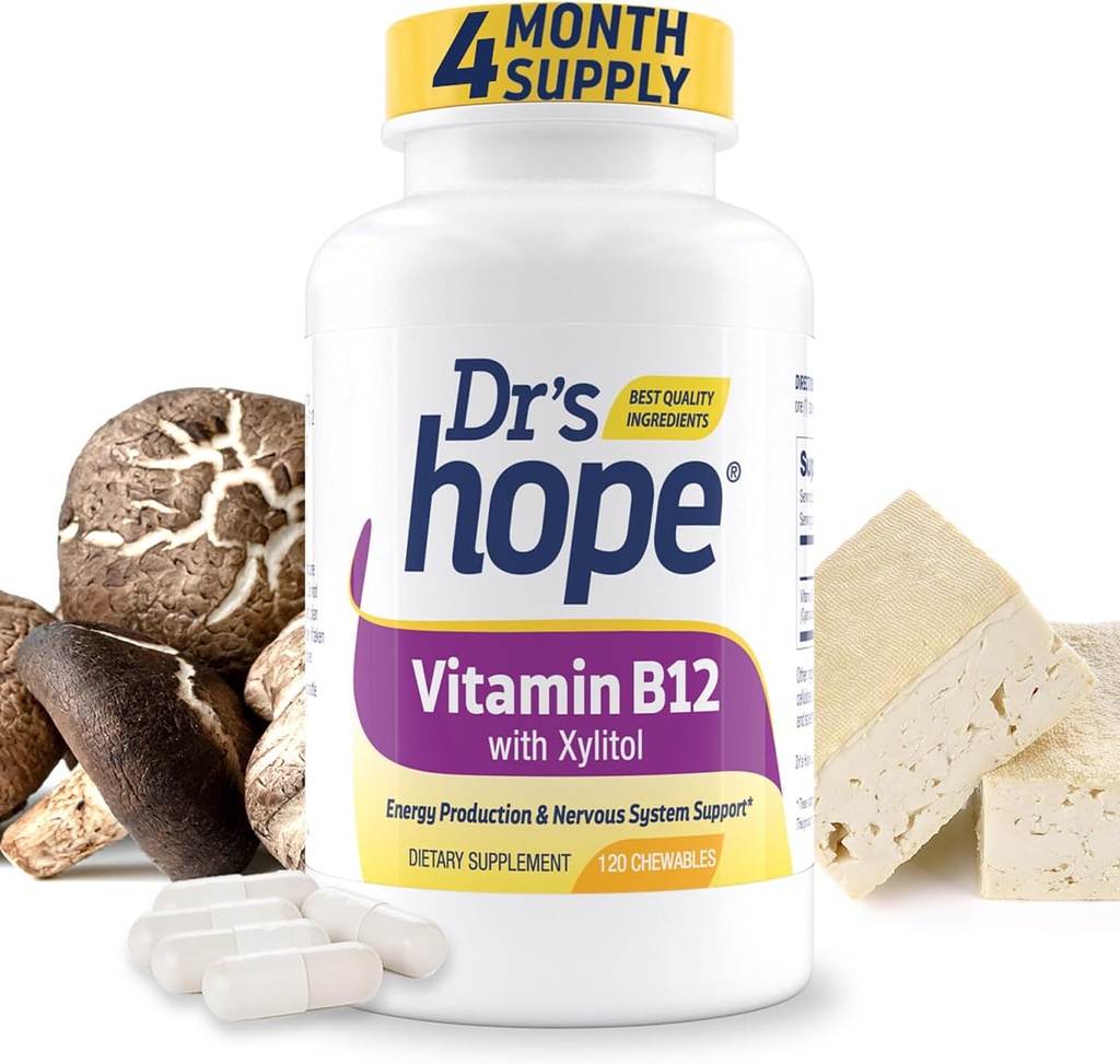维生素 B12 1000 Mcg, B12 维生素 1000 Mcg 帮助提高代谢力, 能源生产和神经系统支持, 120 Chewable 片片 - 1 tablet per service, Non-GMO & Gluten Free