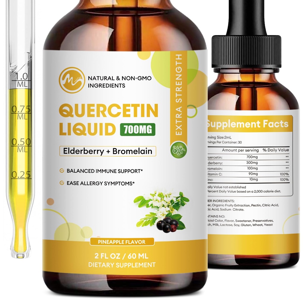 Quercetin液滴 - Quercetin 补充700mg - 4X 强于药剂和卡普苏勒斯 - 1分之5 Quercetin 与 Bromelain 长莓维生素 用于豁免健康呼吸卫生皮肤护理 - 2 Fl Oz