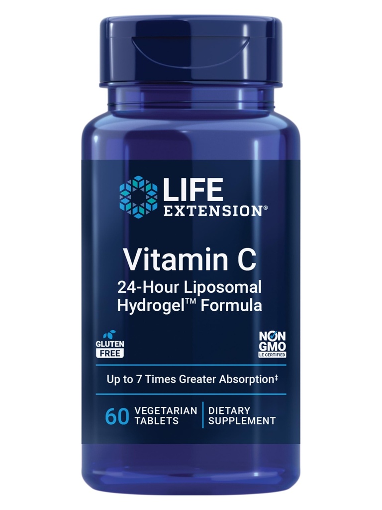 生命延长维生素C 24Hour Liposomal HydrogelTM 公式,吸收比标准维生素C更好,最多24小时,获得你维生素C中最畅通的,无葡萄糖,非GMO,蔬菜,60片