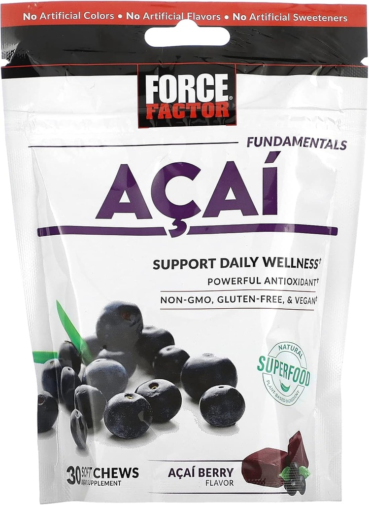强制因素 Acai 软厨用于免疫支持、氧化性应激防护和每日健康、超级食品和抗氧化剂补充剂、非GMO、无Gluten和Vegan、Acai Berry Flavor、30个软厨