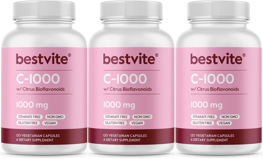 BESTVITE 维生素C 1000 mg(360 植物卡普尔)(120 x 3),配有 Citrus Bioflavinoids - 无 Stearates - Vegan - 非 GMO - Gluten Free