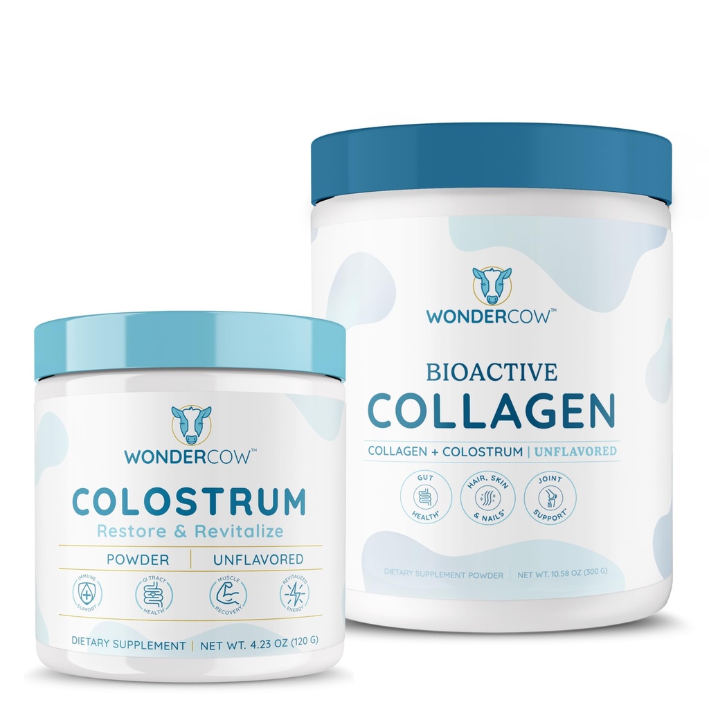 WONDERCOW 整体 Colostrum 粉末 + Hyrdolyzed Collagen Peptides for Gut Health, Immune 支持和头发皮和钉子支持