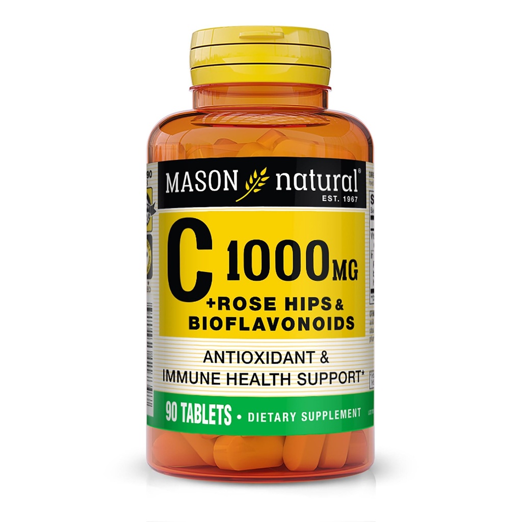 MASON 天然维生素C 1000 mg + Rose HIPS 和 Bioflavoids 复合体 - 支持健康免疫系统、抗氧化剂和基本营养剂,90片