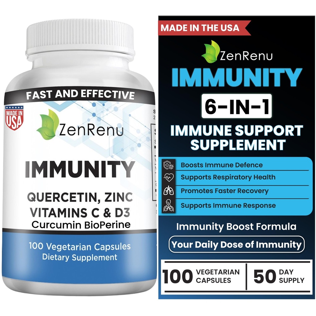 Zenrenu 豁免 Quercetin 700 mg 锌 维生素C 维生素D 免疫支持补编 配有 Curcumin - 易吸收豁免补编,100 蔬菜卡普尔 50天供应