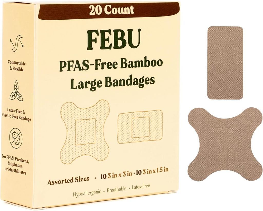 FEBU 生态友好大竹带 | PFAS 自由带 Scrapes & Cuts | Freedom Fabric Bandage | Fully Composable, Latex free Bandage | 20 count Long