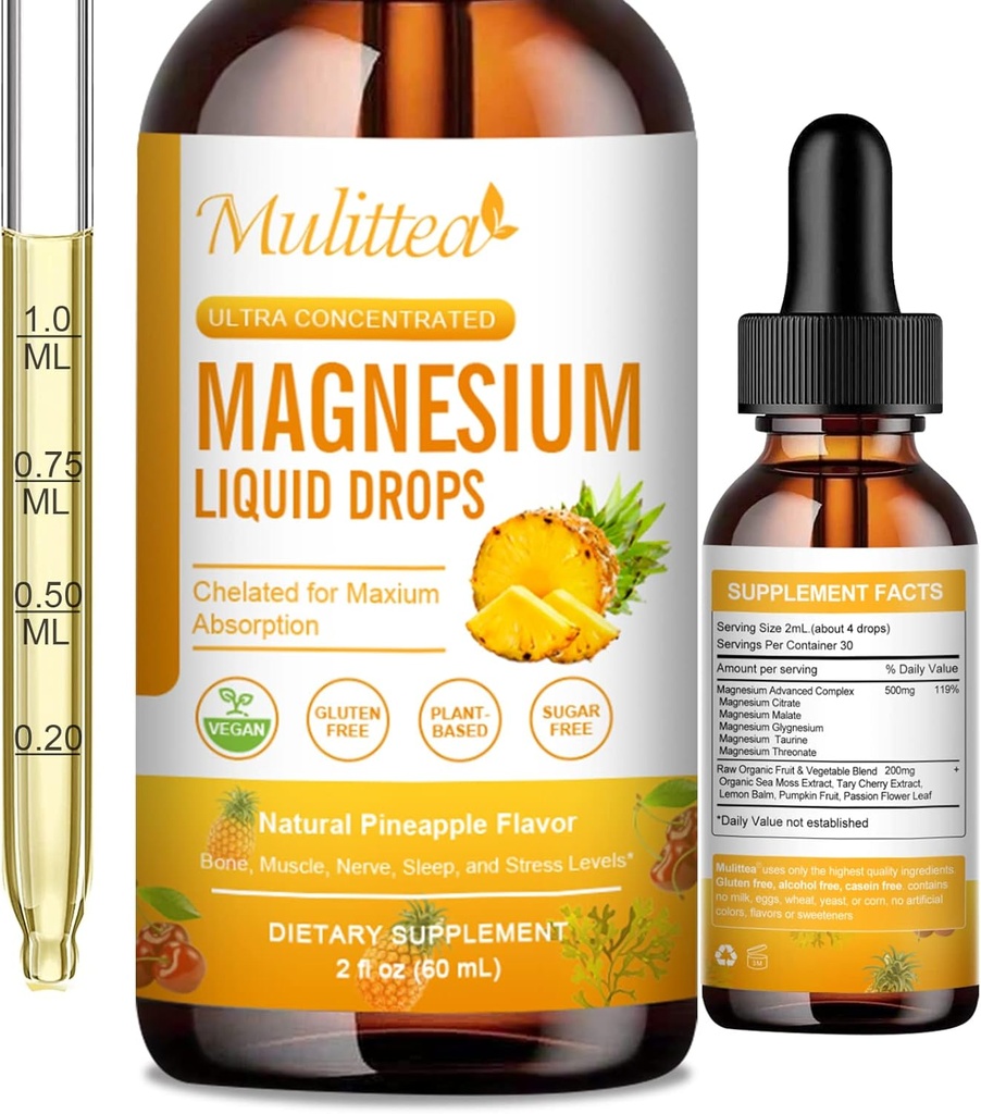 500mg 镁液滴 - 高吸收 5-in-1 镁复合物 配有 Glycnate, Malate, Citrate, Taurate - 用于 Bone, 肌肉, Nerves & Energy - Vegan 配方,无糖, 2 Fl.oz