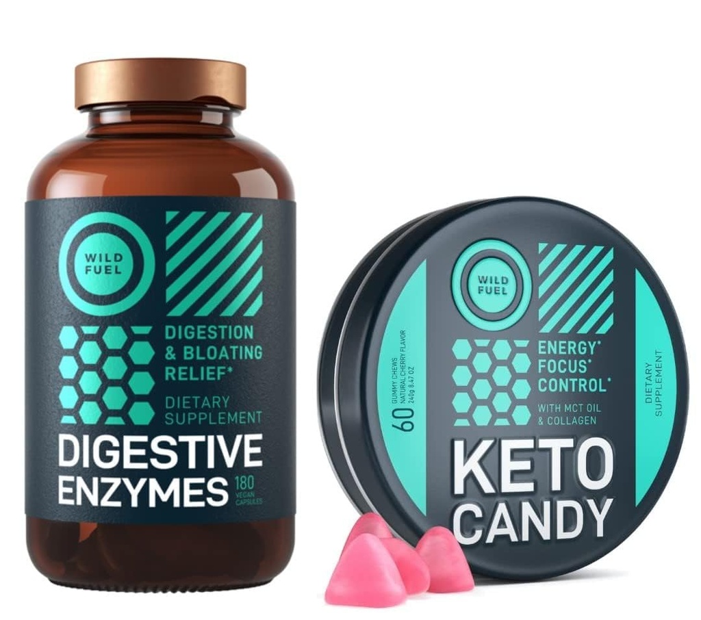 WILD FUEL KEto Candy与MCT Oil和Collagen以及带有Probiotic和Prebiotic套装的消化酶