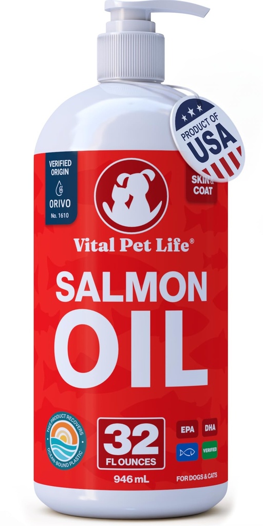 沙门油换狗和猫——健康皮肤和煤,鱼油,Omega 3 EPA DHA,宠物液体食品补充,全天然,支持联合和骨健康,自然过敏和炎症防御,32 oz