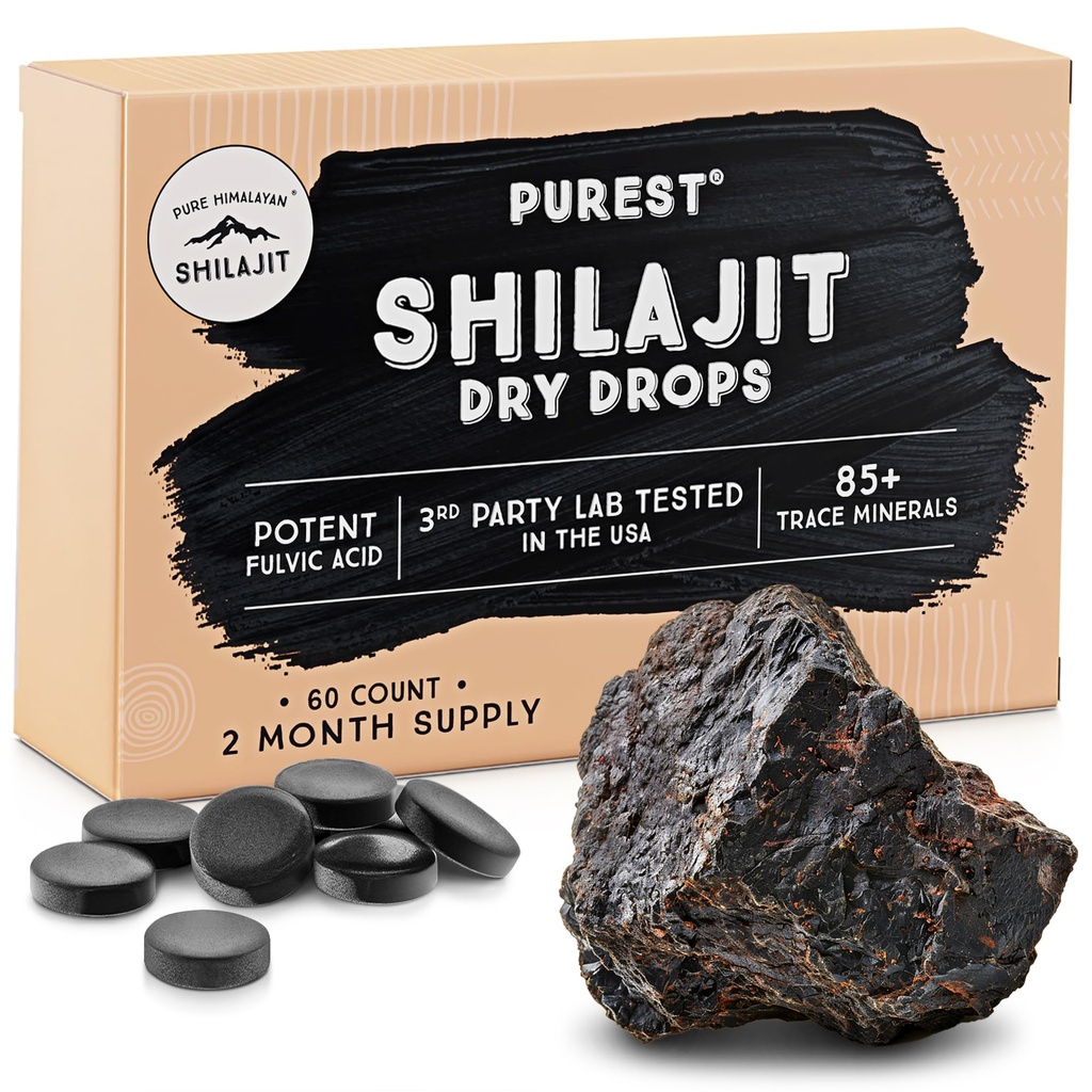 纯喜马拉雅Shilajit干燥液,100%纯天然Shilajit,A级,Max Potency 85+ 清洁跟踪矿物和富尔维酸,能源、代谢和免疫支持男女补充(60个标签)