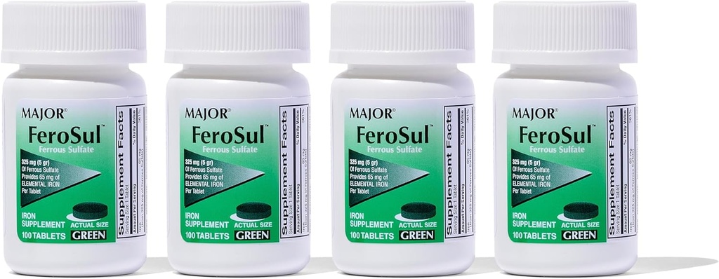 Ferosul少校 - Ferrous Sulfate 325mg 平板电脑,装有65mg 元素铁 - 女性的铁辅料,男性 - 绿色 - 100 计数(4包)