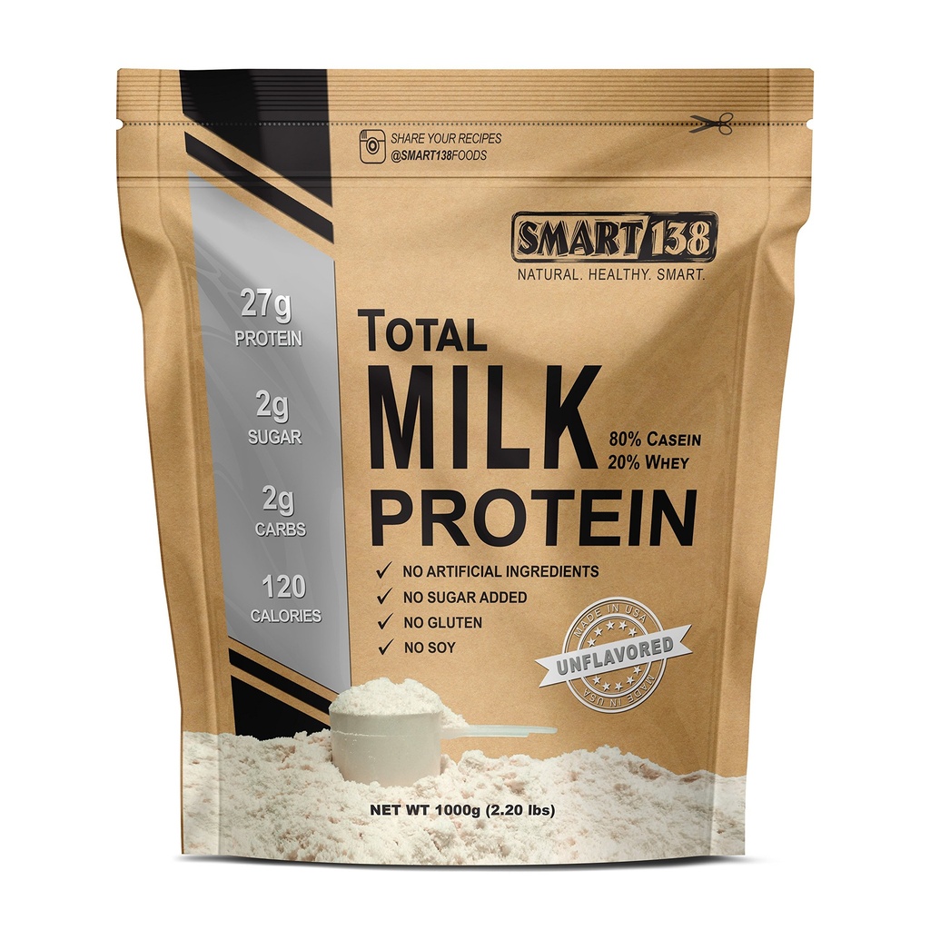 Smart138 总牛奶蛋白 - 80% Casein 20% Whey - RBST/rBGH 荷尔蒙自由,无葡萄糖,无大豆,非GMO,美国Keto Low Carb,天然BCAAs (1000g / 2.2lbs,无味)