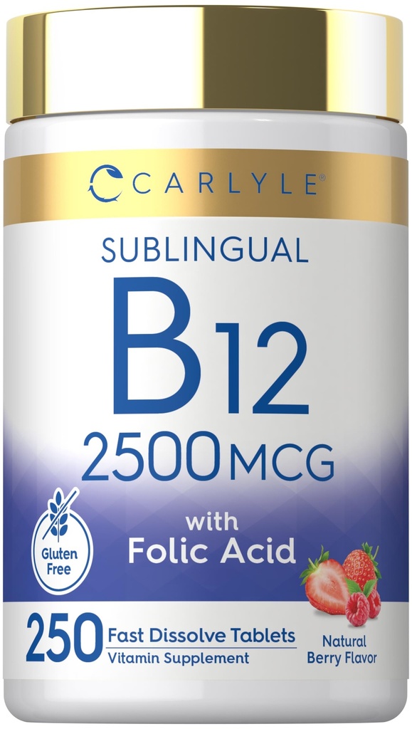Carlyle Vitamin B12 亚语言 2500 mcg → 250 快速溶解片 → Cyanocobalamin 配有Folic酸的成人补充 → 天然贝里 Flavor → Vegetarian,非GMO,和 Gluten Free