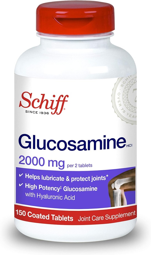 Schiff Glucosamine 2000mg(每个服务) + Hyaluronic Acid 片(瓶中150个计数), 有助于支持联合流动和灵活性的联合护理补充, 支持卡通的结构