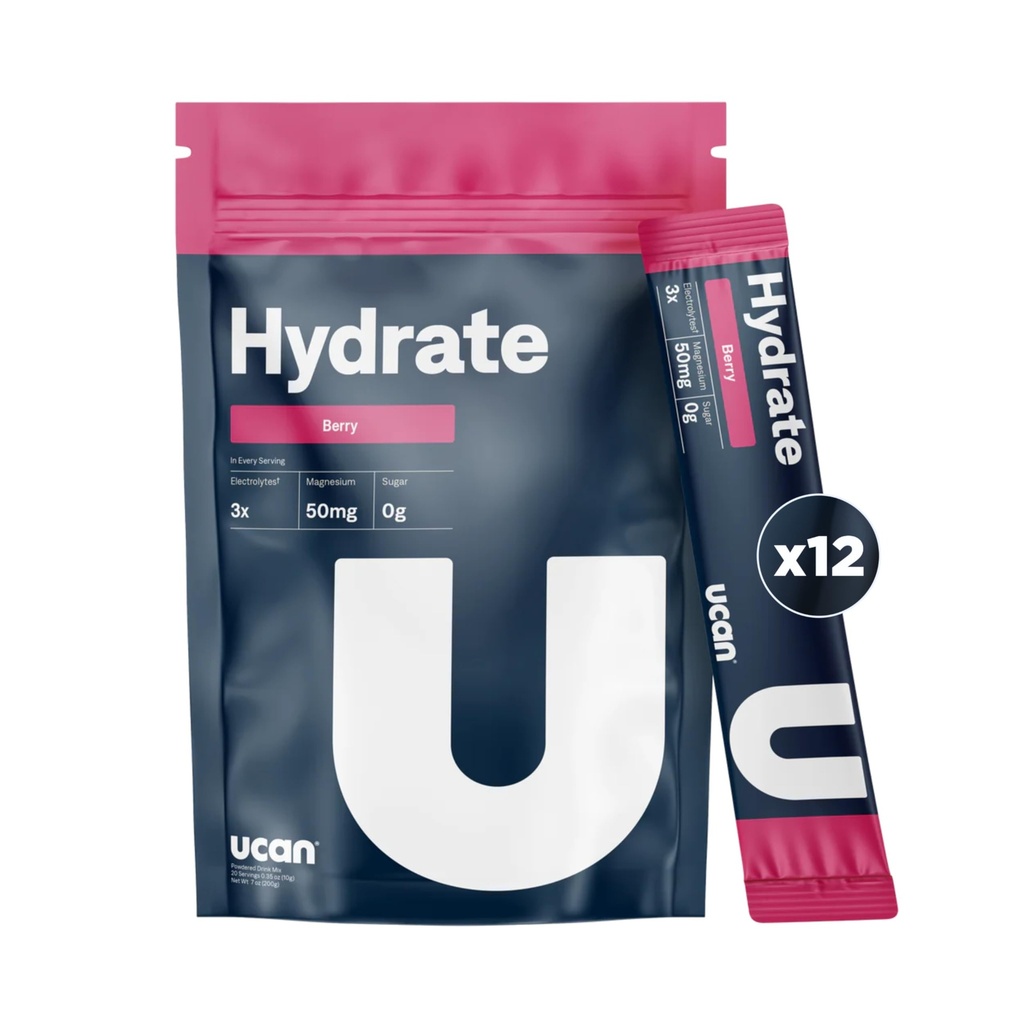 UCAN Hydrate Electrolyte Drink Mix (Berry, 12 Stickpacks) Sugar-Free, Keto-Friendly, Vegan, Non-GMO, Gluten-Free Electrolyte Powder with Potassium & Magnesium for Runners & Athletes