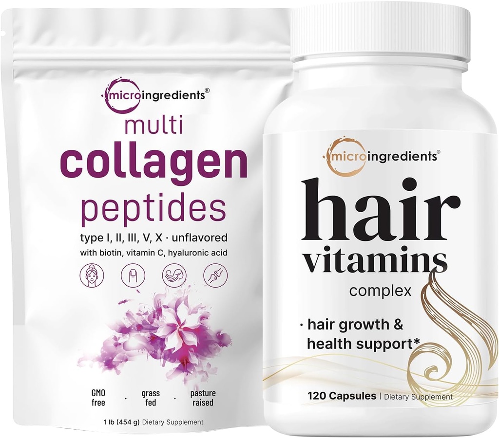 微粒成份 多Collagen蛋白粉 16oz & Hair Vitamins Complex Capsules Bundle 2 Pack QQ 草-Fed Collagen Peptides 14-in-1 高级发型生长支持