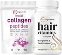 微粒成份 多Collagen蛋白粉 16oz & Hair Vitamins Complex Capsules Bundle 2 Pack QQ 草-Fed Collagen Peptides 14-in-1 高级发型生长支持