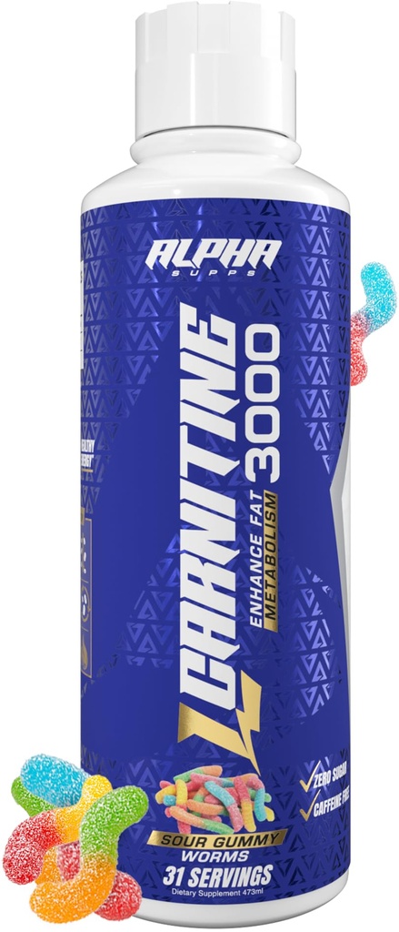 Alpha Supps L Carnitine Liquid 3000 QQ 男女无兴奋剂 L-Carnitine 补充 + 工作前能量促进和肌肉恢复 + 零糖,脂肪,和卡布 + 31 服务(Sour Gummy Worms)
