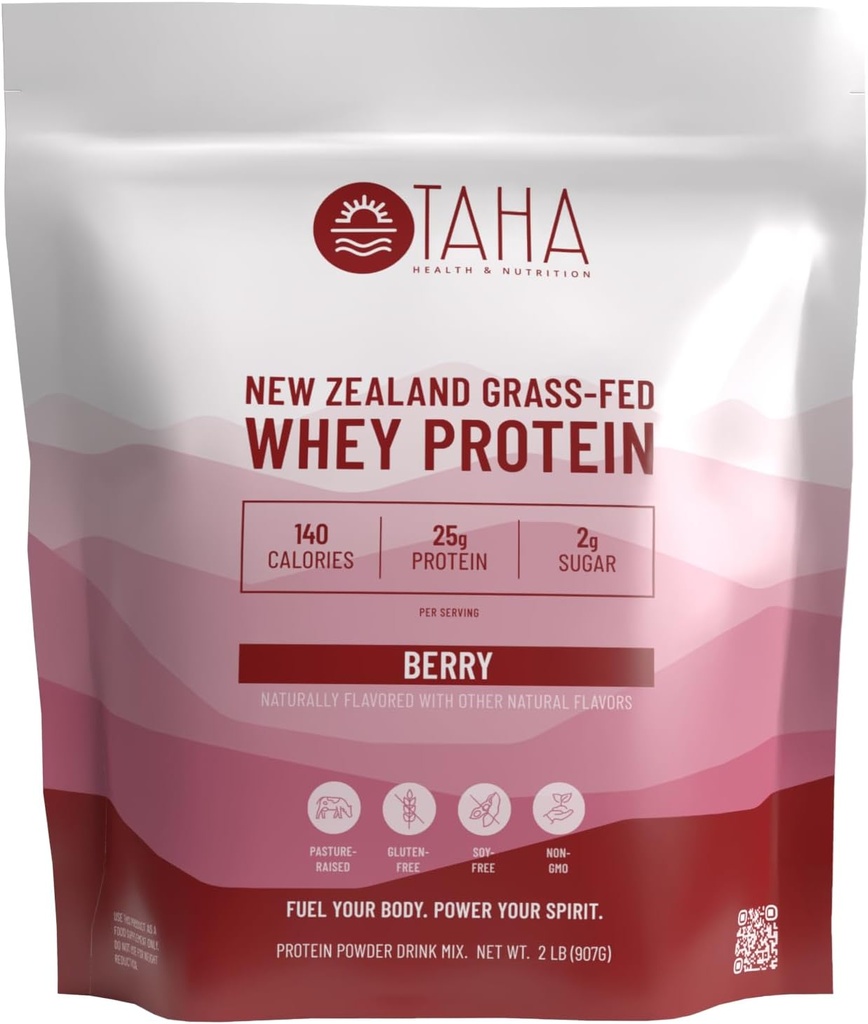 Taha健康与营养 Berry Fravored Whei蛋白凝聚粉,25g蛋白,140卡罗里,2g糖 |新西兰草叶,自由放行乳品 | Gluten和Soy Free, Keto, Kosher → 2LB