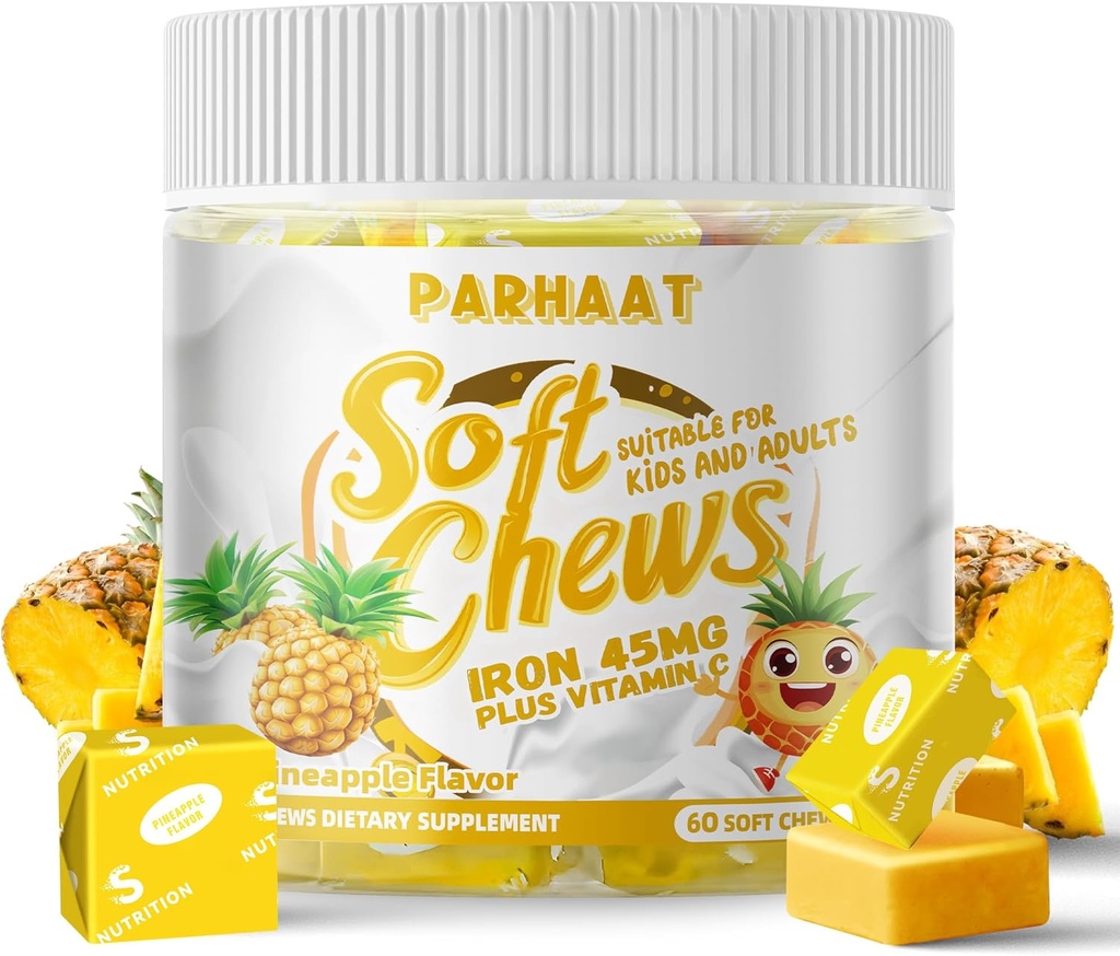 铁软嚼子 配有维生素 C | Pineapple Flavoried | Gluten Free | 为男女儿童配有的铁 | 60 计 | 2 个月供给