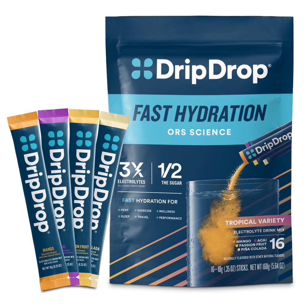 DripDrop 水分包 - 热带品种包 - 单服务电解质 粉末 饮料 混合物 - 芒果, Açaí, Passion 水果, Piña Colada - 非 GMO, Gluten Free, Vegan - 16棒