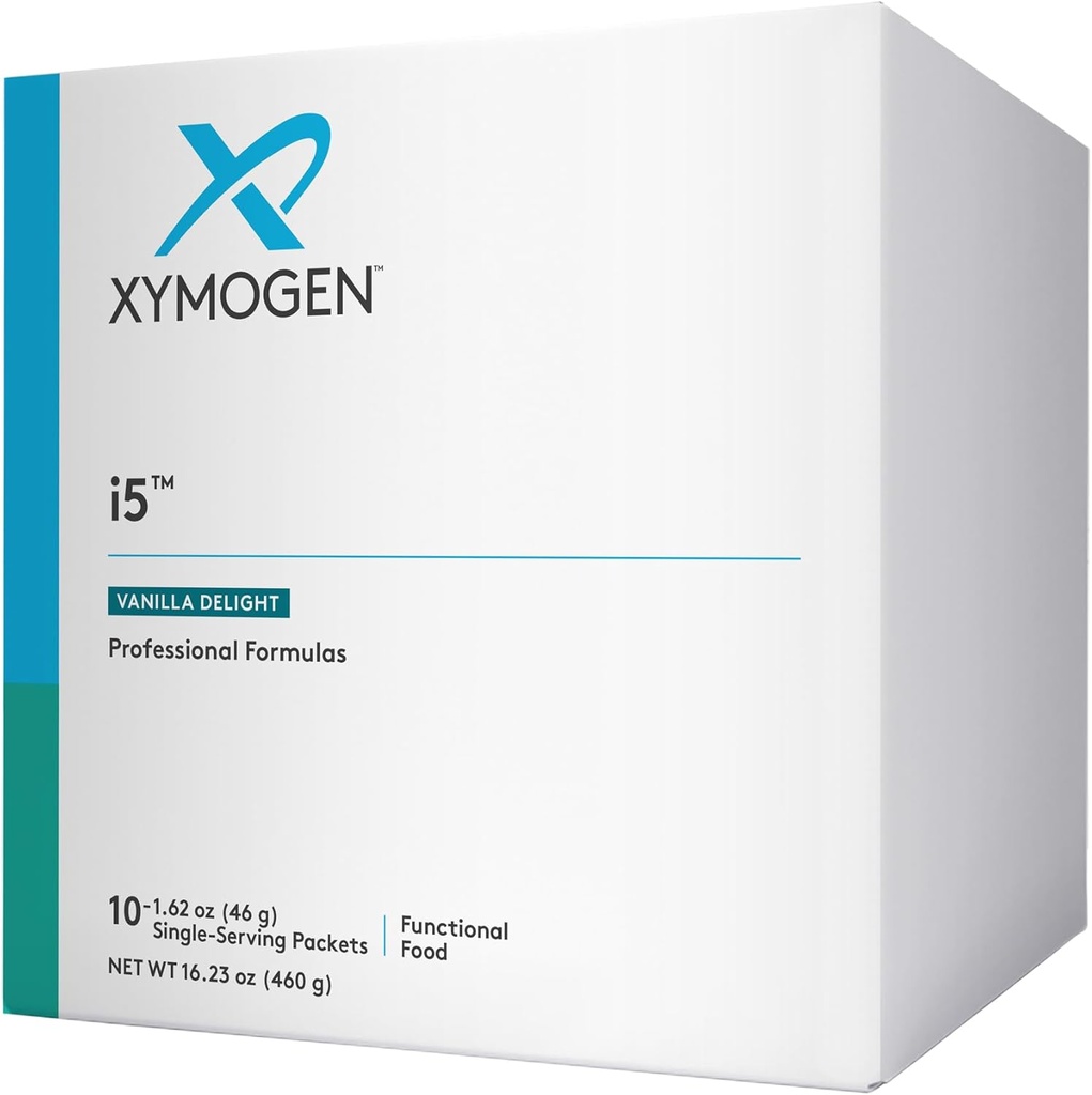 XYMOGEN i5 - Gut Health, Detox + Cytokine 平衡支持粉末 - 21g 蛋白质,Immunoglobulin, Arabinogalactan, Broccoli种子提取 - 香草饮料 Mix (10 packets)