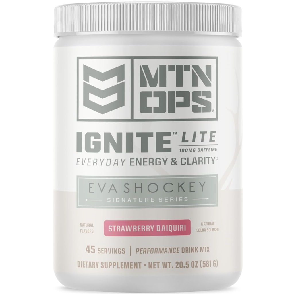 MTN OPS Ignite Lite Energy Drink Powder Gluten Free Nitric Oxide Supplement Drink Mix, L Arginine, L Citrulline, Caffeine & Nootropic Sugar Free Drink Mix, 45 Servings, Strawberry Daiquiri Flavor by Eva Shockey