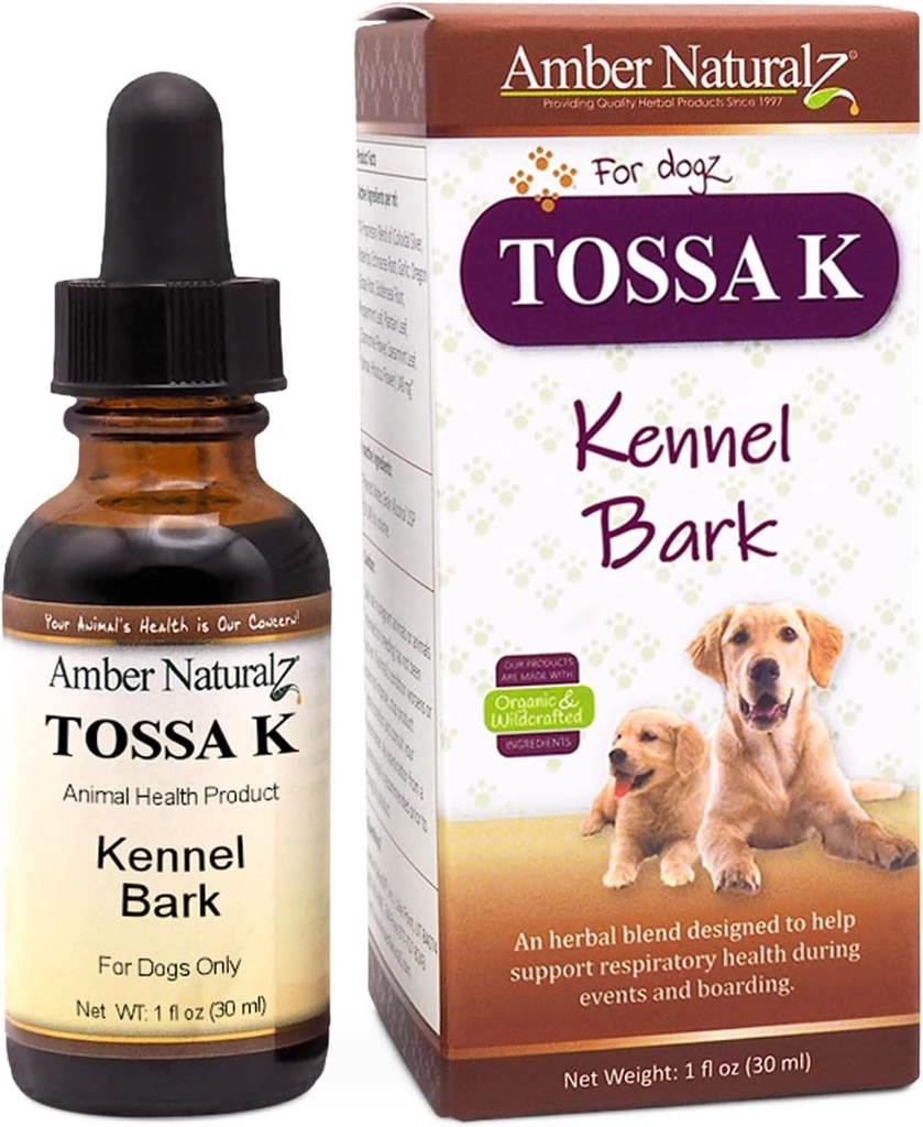 Amber NaturalZ Tossa K Kennel Bark Herbal 狗和小狗补充品 → Canine Herbal Blend 呼吸卫生补充品 → 1 Fluid Ounce Glass Bottle → Global Sourced Informedients →美国制造