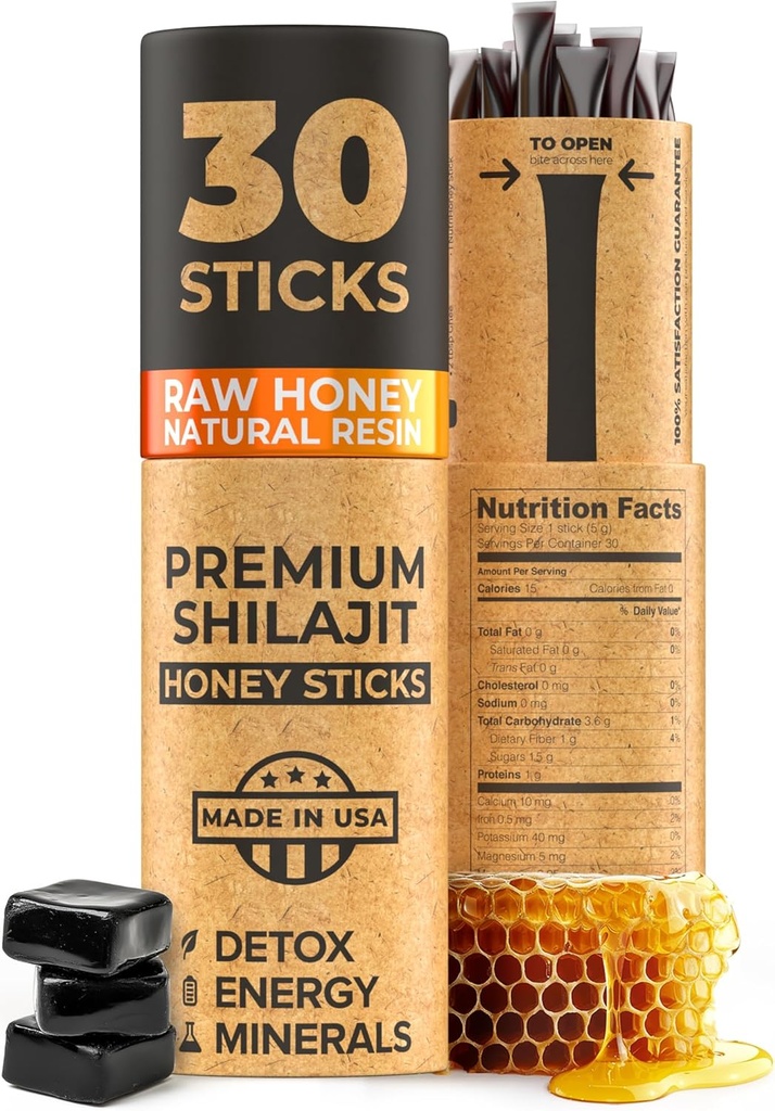 NATURAL SHILAJIT 蜜棒 - Shilajit Resin with Raw Honey, Fulvic Acid & Trace Minerals, Plant 基于能源的营养物,Imune支持和生命力 - 30 Shilajit 棒