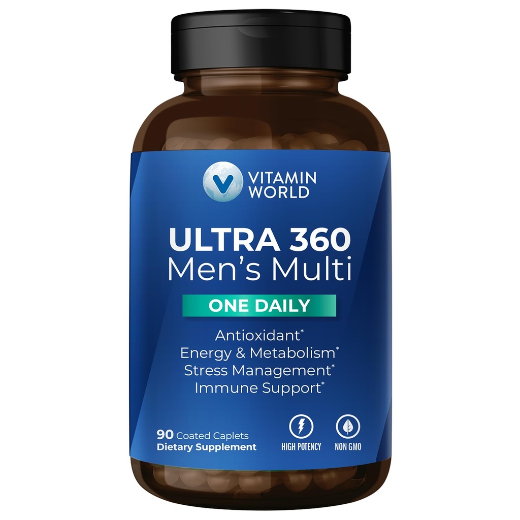 Vitamin World Ultra 360 Multivitamin for Men One Daily, Men's Multivitamin with Minerals, Herbs & Antioxidants, Daily Supplement with Vitamin A, C, D, E & Zinc for Energy & Immune Support, 90 Caplets