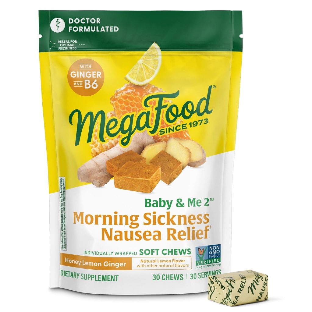 Megafood Baby & Me 产前疾病救济,姜汁,配有维生素B6,无9 食物过敏剂,蜂蜜柠檬姜汁Flavor,30 Chews
