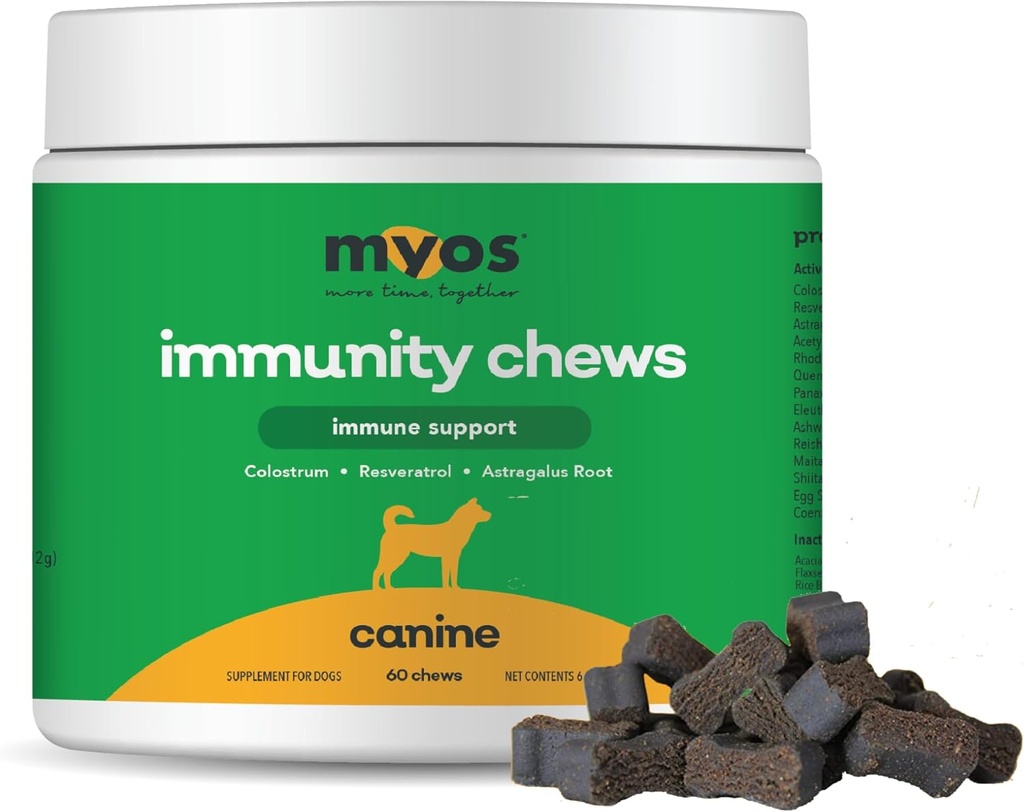 MYOS 对狗的豁免 Chew -- -- 免疫系统支持、抗氧化剂、帮助细胞健康和生命力 -- -- 与Colostrum、Resveratrol、Astragalus Root和蘑菇 -- -- 每日化学补充