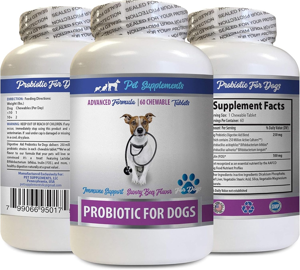 对狗的消化防护 - 对狗的PROBIOTICS - 健康口味 - 停止毒气痢疾和不良呼吸 - 消化靴 - 狗亲生可嚼 - 有机 - 1瓶(60 治疗)
