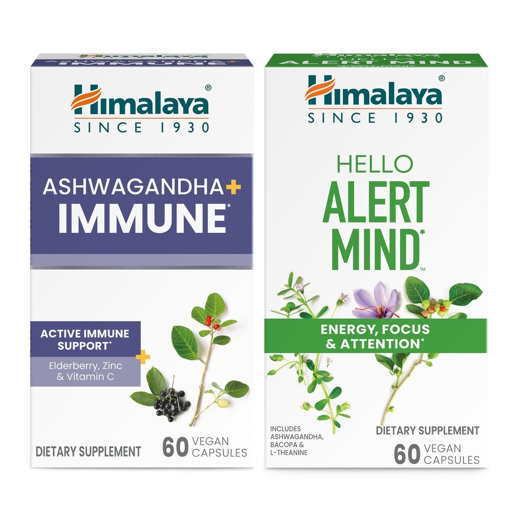 Himalaya Ashwagandha + 含维生素C的活性免疫支持与Hello 提醒心爱的能源、焦点和注意力,60 Capsules Each - Bundle
