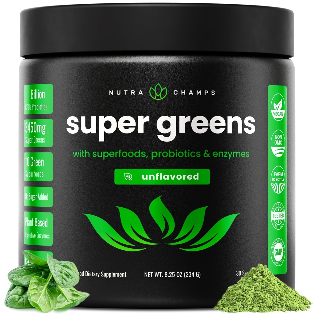 NutraChamps 超级绿色 粉末 超级食品 20+ 有机绿色 蔬菜 整食品 小麦草 螺旋藻 氯草原 抗氧化剂 消化酶 和 Probiotic Blends(9.0 Oz,未味)