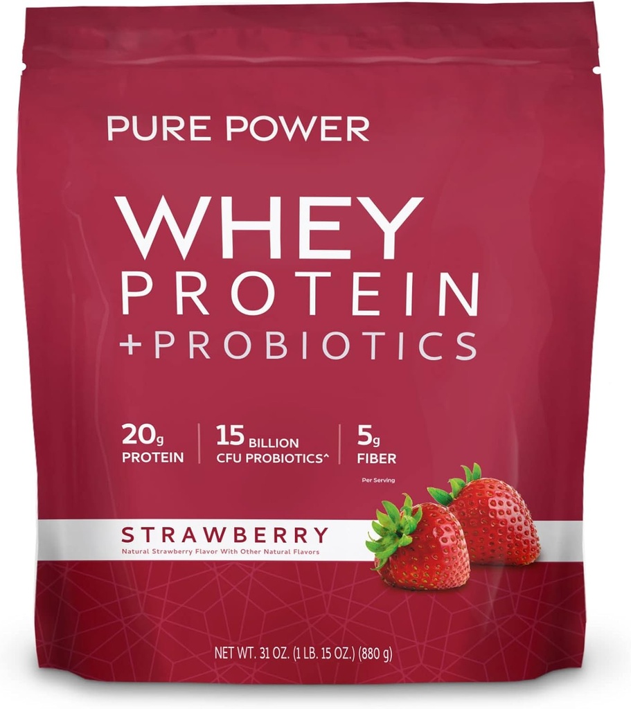 Mercola Pure Power Whey 蛋白质+ Probiotics博士 - 支持肌肉恢复和消化健康 - Pasture-Raised Whey - MCTs & Fiber - 香草 - 31 oz (22名服务员) - 草莓