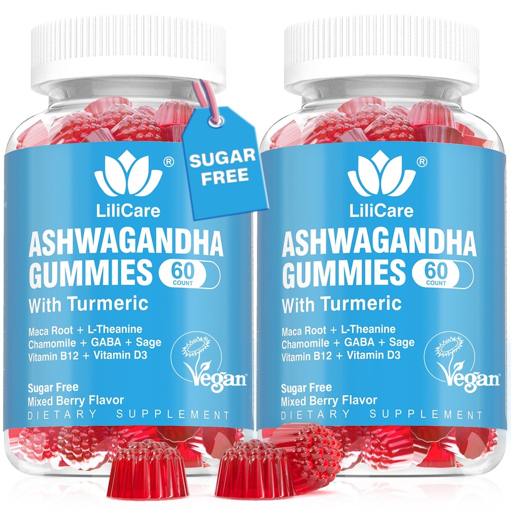 Ashwagandha Gummys 2000mg for Women Men - 免糖, Vegan - 有机 Ashwagandha 根提取 Supers Gummy & Vitamin D3, B12 and Turmeric, 推动放松, 混合Berry Flavor, 120 Count