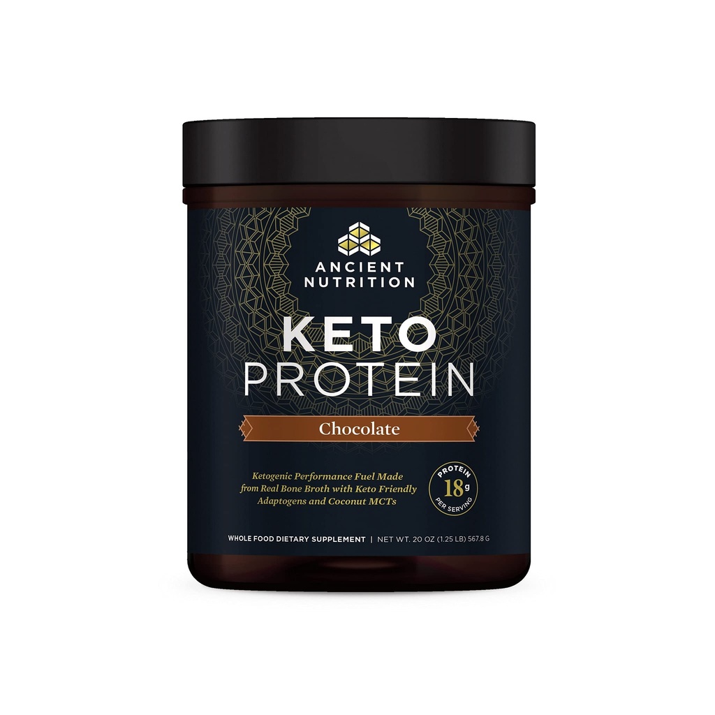 Ancient Nutrition Keto Protein Powder, KetoPROTEIN with Fats from Bone Broth and MCT Oil, Chocolate, 18g Protein 10g Fat Per Serving, Gluten Free, Low Carb, Paleo Friendly, 17 Servings
