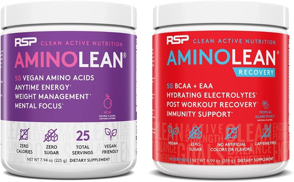 RSP Nutriition Vegan 氨基Lean Pre Workout Energy(Acai 25 services) 配有氨基Lean恢复后工作靴(热带岛Punch 30 services)