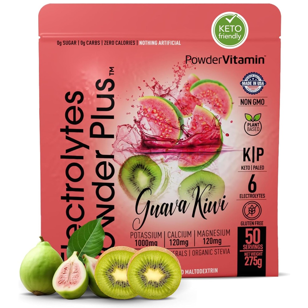 PowderVitamin Electrolytes Powder Plus (50 Servings) Guava Kiwi Electrolyte Powder Zero Calorie Keto, 0 Sugar, No Maltodextrin,1000mg Potassium,120mg Calcium,120mg Magnesium, Hydration Powde