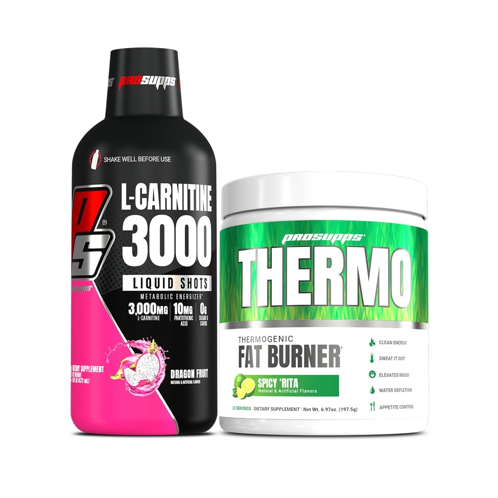 PROSUPS L-Carnitine 3000 无兴奋剂液体射击(31架,龙果)和热肥燃烧热粉(25架,Spicy 'Rita)