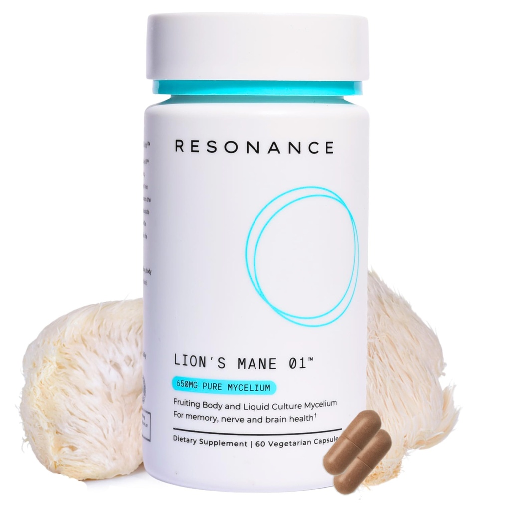 Resonance Lions Mane 01™ - Premium Organic Lion's Mane Mushroom Supplement | Fruiting Body Extract & Pure Mycelium | Liquid Culture Mycelium with Erinacine A | Focus, Nerve & Brain Health| 60 Capsules