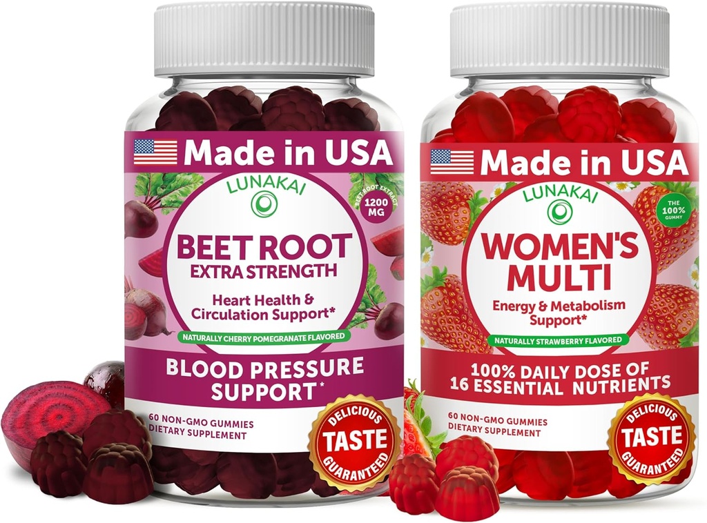 Lunakai Beet Root and Womens Multivitamin Gummys Bundle 16种基本维生素和矿物的日值100%(维生素A,B,C,D,E)