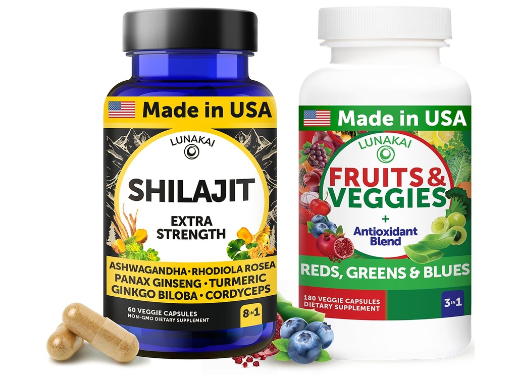 Lunakai 美国制造了Shilajit & Superfood Fruits & Vegies 配有 Ashwagandha, Rhodiola, Cordyceps & 4 能源与健康组合的Bundle 补充食品