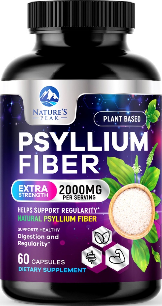 胡斯克纤维增量1500mg - Vegan Prebiotic,可溶性纤维用于日常消化健康与常规支持,天然肽粉盖,无糖,非GMO和Gluten-free - 60 Capsules