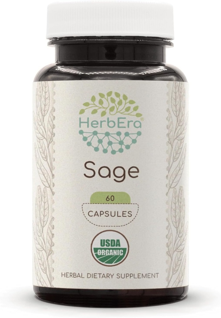 HerbEra Sage 60 Capsules,500毫克,USDA有机Sage(Salvia officinalis) 干叶(60 Capsules)