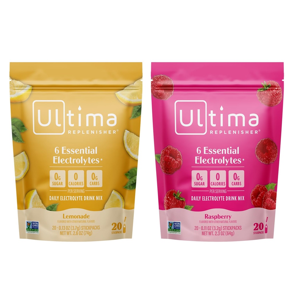 Ultima Electrolyte Powder Drink Mix Bundle – 无糖食品 – Lemonade 和 Raspberry, 20 Sickpack – 6 Ectrolytes 和 矿产 – Keto Friendly, Vegan, Non-GMO